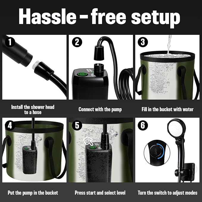 Portable Shower for Camping, 6000mAh Rechargeable Camp Shower Pump with Large Capacity Foldable Bucket, Filtered Shower Head, Outdoor Camping Shower Kit for Travel, Pet Bath, Car Washing