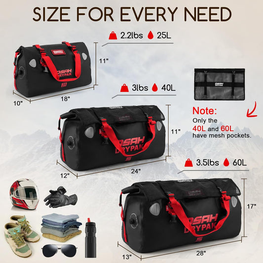 Waterproof Duffel Bag - Motorcycle Dry Bag Tail Bag with Large Storage Space, Waterproof Luggage Duffle Bags with Outer Mesh Zipper Pocket for Camping, Kayaking, Fishing & Traveling - Roamly