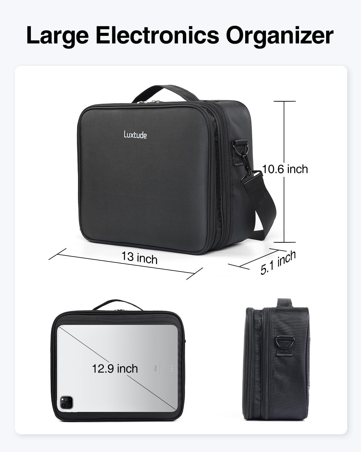Luxtude Electronic Organizer Travel Case Large, Double Layer Tech Carrying Case, Cord Organizers Travel, Cable Organizers Bag, Large Charger Bag, Home Electronics Case Fits for iPad (Up to 12.9 in)