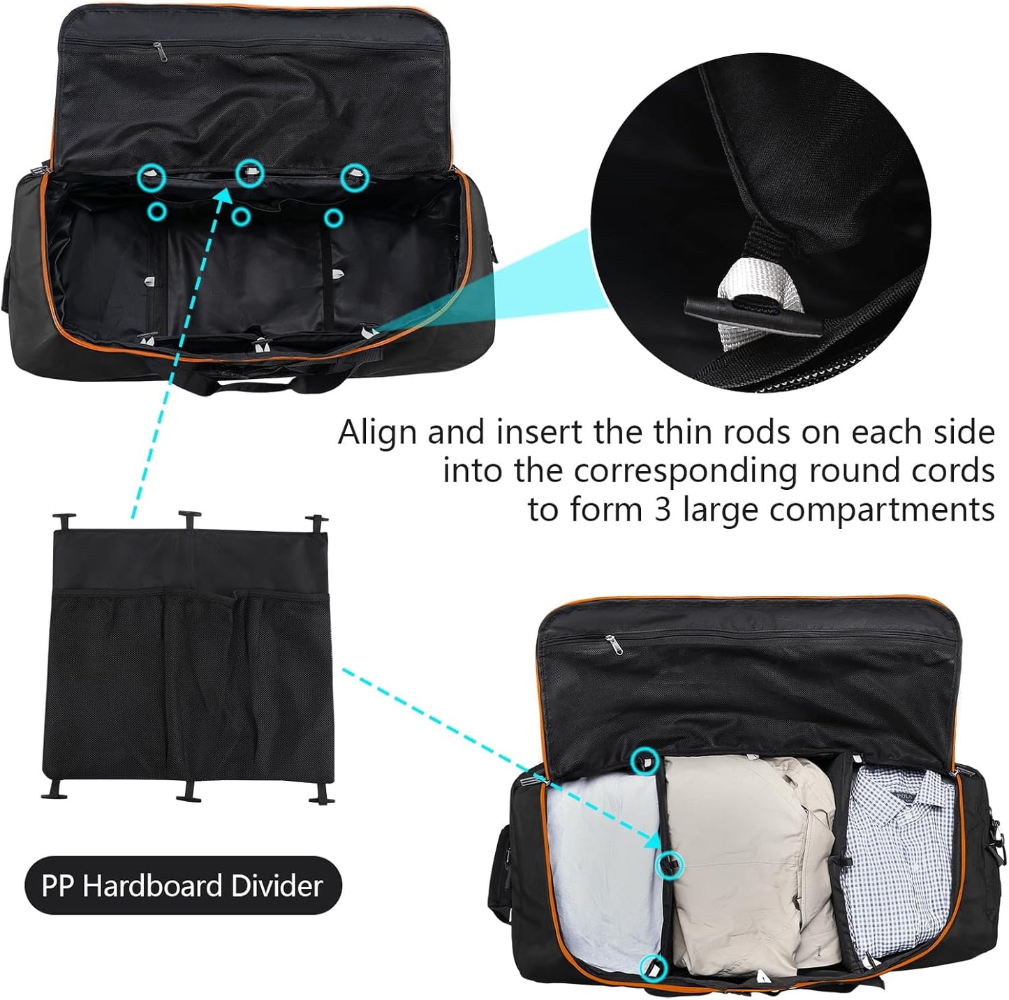 110L Expandable to 140L 32” Foldable Oxford Soft-Sided Rolling Duffle Bag with 2 Heavy-Duty Wheels,3 Large Compartments,Adjustable Shoulder Strap and Attached Organizer Pouch,Black Orange - Roamly