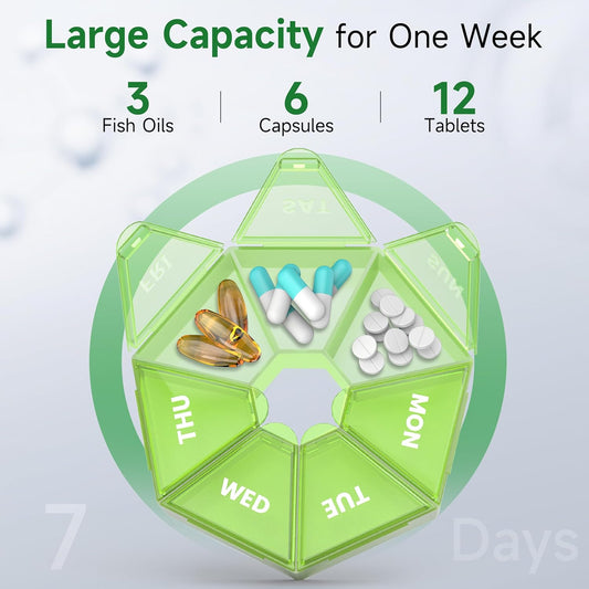 Weekly Pill Organizer, 2 Pack Portable Pill Box Medicine case 6 Colors (Seven Day) New Edition for Vitamin/Fish Oil/Pills/Supplements-Arthritis Friendly (Green)