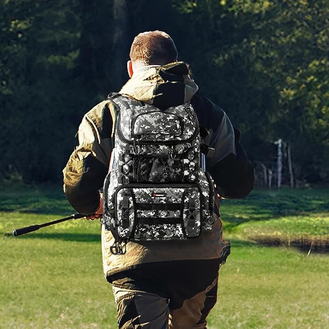 Piscifun Fishing Tackle Backpack with Rod Holders & 4 Tackle Boxes, 42L Outdoor Fishing Bag with Waterproof Rain Cover