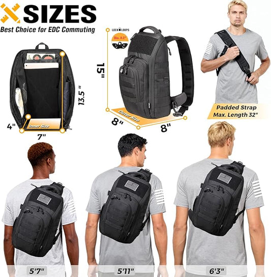 DBTAC Tactical Personal Defense EDC Bags & Packs | 10L Military Shoulder Backpack with Sling for Concealed Carry, Range, Travel, Hiking, Outdoor Sports (Black)