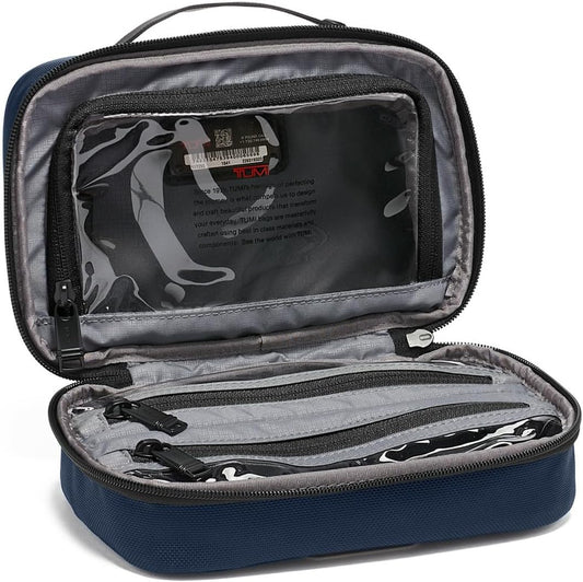 TUMI - Alpha Split Travel Kit - Compact Toiletry Bag for Men & Women - Features Removable Leather Handle & 3 Zip Pockets - Navy - Roamly