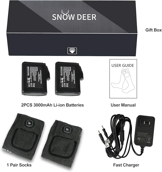 SNOW DEER Heated Socks Fast Charging,7.4V 3000mAh Electric Socks Foot Warmer,Hunting Outdoor Riding Camping Hiking Motorcycle Skiing Warm Winter Socks