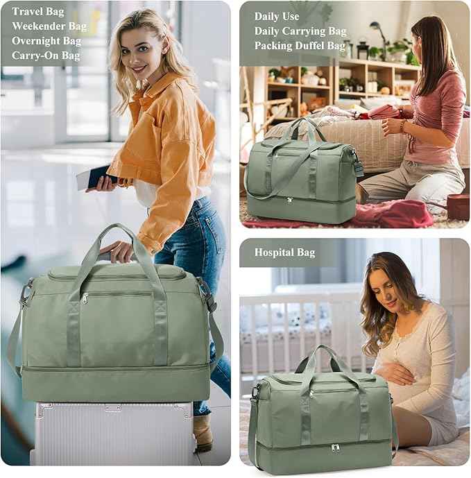 Large Travel Duffle Bag,Carry on Overnight Weekend Bag with Shoes Compartment,Weekender Bags for Women for Travel Business Trips Sport Hospital,Olive Green