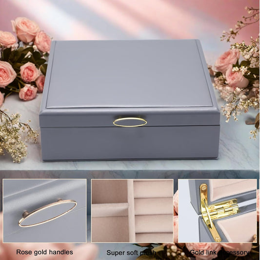 2-layer jewelry box,Jewelry Organizer with Handle,with hanging necklace hooks, detachable jewelry trays, suitable for storing a large amount of jewelry gift box (Large-Grey)