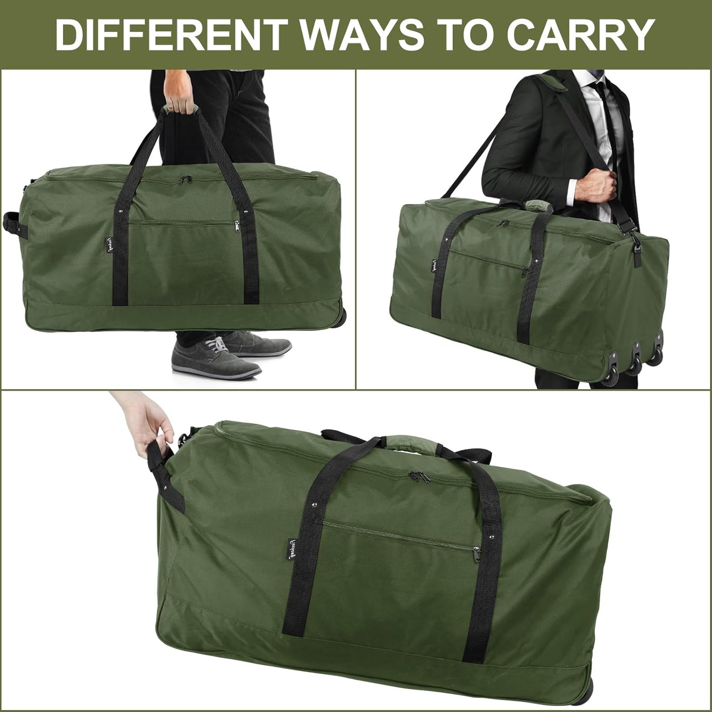 Finnhomy 120L Foldable Rolling Duffel Bag with 3 Wheels, Light Weight Travel Duffel bag with Large Loading Capacity, 32 inch Rolling Duffel bag with Shoulder Strap for Travel Camping Sports - Roamly