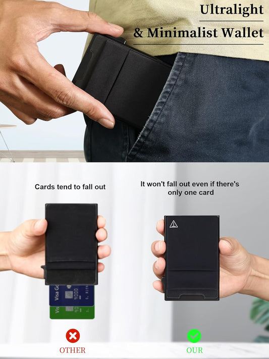 Slim RFID Blocking Wallets,Pop Up Minimalist Card Holder for Men & Women Metal Thin Front Pocket Wallet Credit Card Holder with Elastic Coin Pocket,6-12 Card Capacity,Black