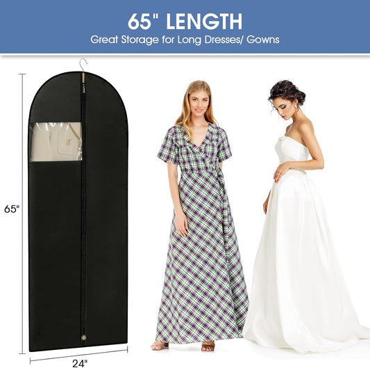 Dress Bags for Gowns, 65'' Long Garment Bags for Hanging Clothes, Dress Garment Bag, Black Dress Bag with Clear Window for Dresses, Coats, Uniforms(2 Packs)
