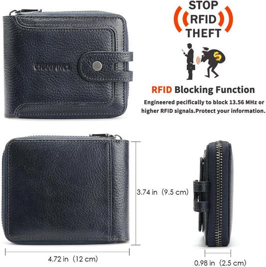 Men's brand buckle driver's license zipper genuine leather wallet, large capacity, multifunctional coin pocket (Bluish grey)