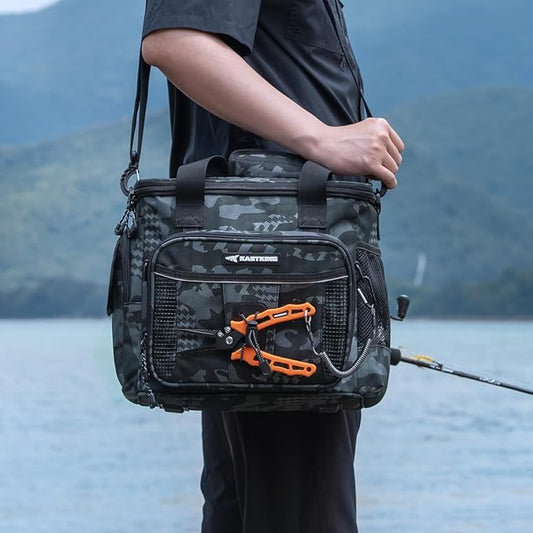 KastKing BaitSpace Fishing Tackle Bag With 4 Tackle Boxes & Removable Bait Binder, Water-Resistant Tackle Storage, Durable Fishing Gear, Adjustable Shoulder Strap