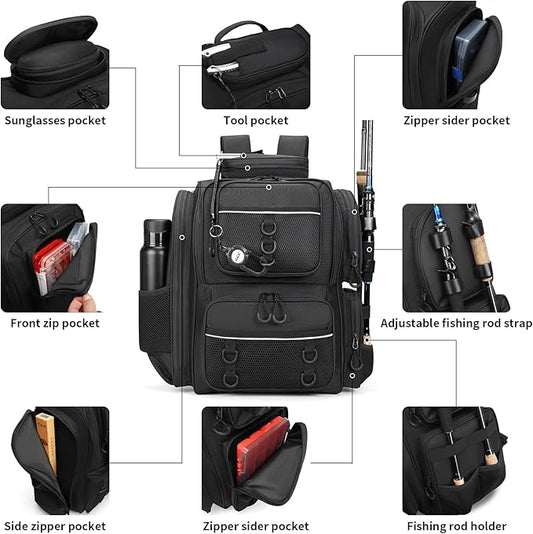 WANOON Fishing Backpack, fishing bag with Rod Holders. Large Ttackle Backpack Strong Materials