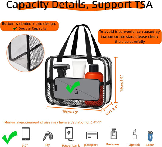 XEWEA 2PCS Small TSA Approved Clear Travel Toiletry Bags for Men Women,Transparent Makeup Cosmetic Bag with Handle,Waterproof PVC Quart Organizer Storage Pouch for Toiletries Airline Essential, Balck - Roamly