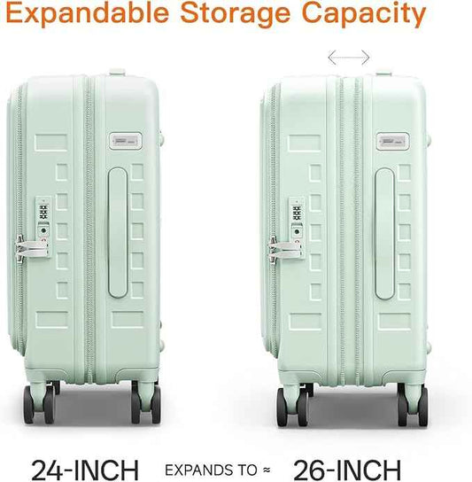 Expandable Lightweight PC Hard Shell Suitcase, 24-inch Luggage with TSA Lock, Top Opening & Cup Holder - Ideal for Business Travel Suitcase (Mint Green, Checked-Medium 24-Inch)