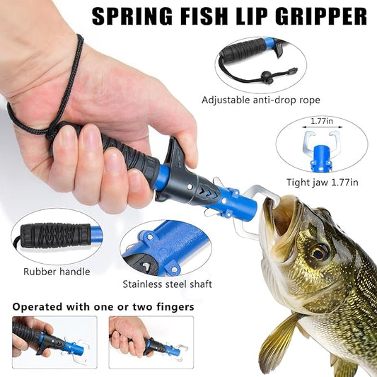 Fishing Tool Kit, 12 Pieces Fishing Gear, Fishing Pliers with Lanyard, Fillet Knife, Fish Lip Gripper, Fly Ice Fishing Hook Knotter, Anti-Cutting Gloves
