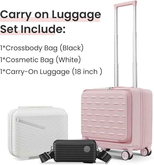 3 Piece Luggage Set 16 Inch Carry On with Front Opening, Expandable PC Hardshell Suitcase with 14" Cosmetic Case & Handbag, Lightweight Underseat Rolling Luggage with TSA Lock & PVC Cover