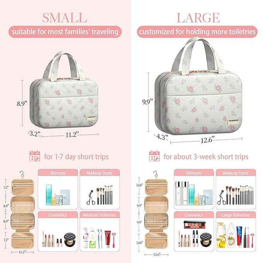 HOTOR Travel Toiletry Bag - Hanging Toiletry Bag for Women & Men, Makeup Bag/Big Comparment, Waterproof for Travel Accessories, Travel Essentials, Medium, Beige with Colorful Floral