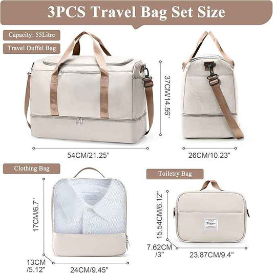 Extra Large Travel Duffle Bag,Carry on Overnight Weekend Bag with Shoes Compartment,Weekender Bags for Women for Travel Business Trips Sport Hospital,3 Pcs Set,Beige & Brown