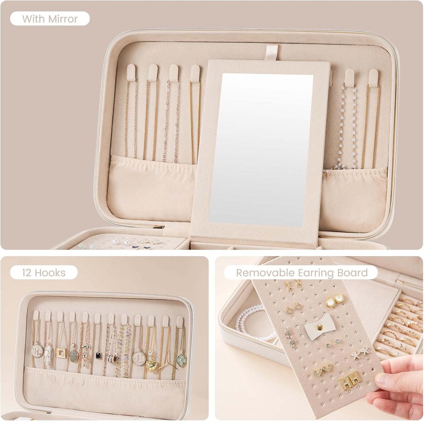 Lolalet Travel Jewelry Case for Women, Travel Jewelry Organizer Box with Mirror & Clear Storage Bag, Small Portable Traveling Earring Necklace Bracelet Ring Case, Bridesmaid Gifts -Large, White
