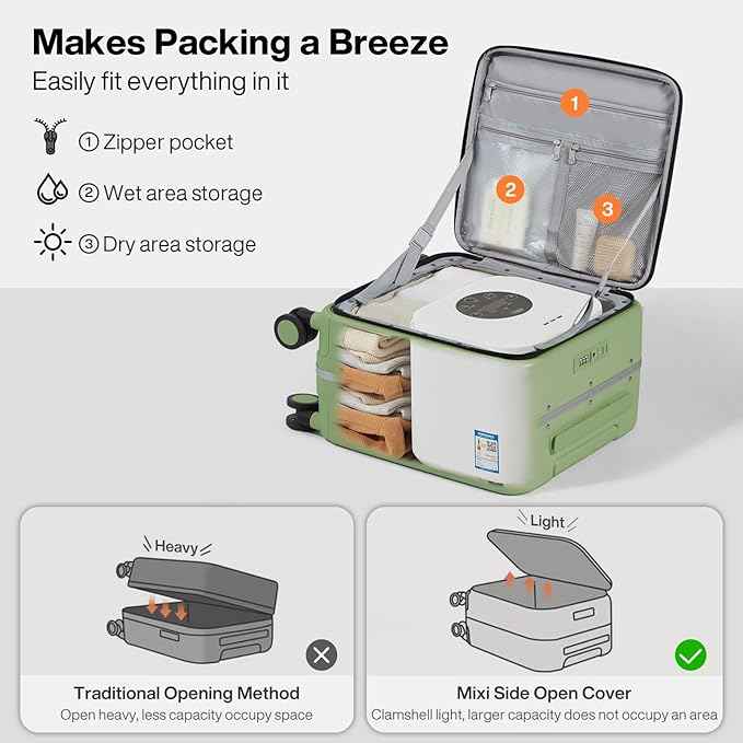 mixi 17x14x9 Carry On Luggage Underseat PC Hard Shell Suitcase Top Opening Aluminum Frame Travel Suitcases with Wheels, Avocado Green