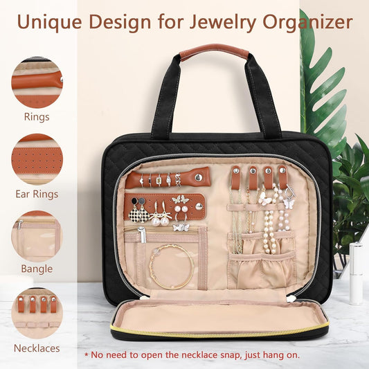 Wedama Toiletry Bag for Women, Hanging Travel Toiletry Bag with Jewelry Organizer Compartment Large Makeup Bag, PVC Waterproof Cosmetic Travel Bag for Travel Business Trips Camping Bathroom, Black - Roamly
