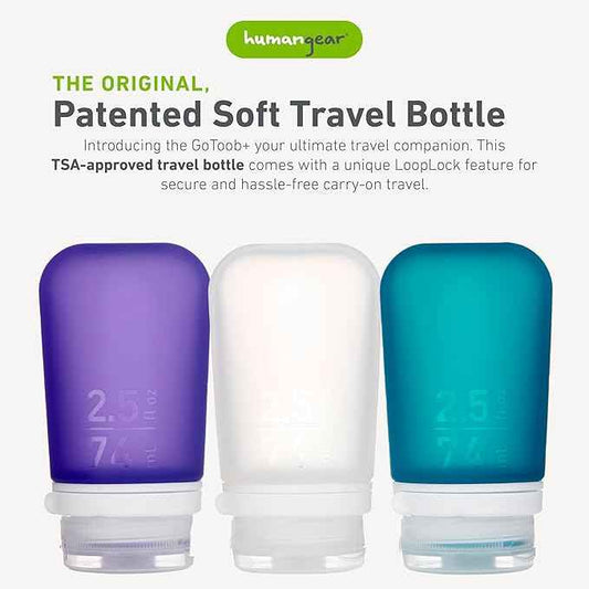 humangear GoToob+ 3-Pack (Medium) | Refillable Silicone Travel Bottle | Locking Lid | Food-Safe Material, Clear/Purple/Teal, Medium (2.5 fl.oz.; 74ml)