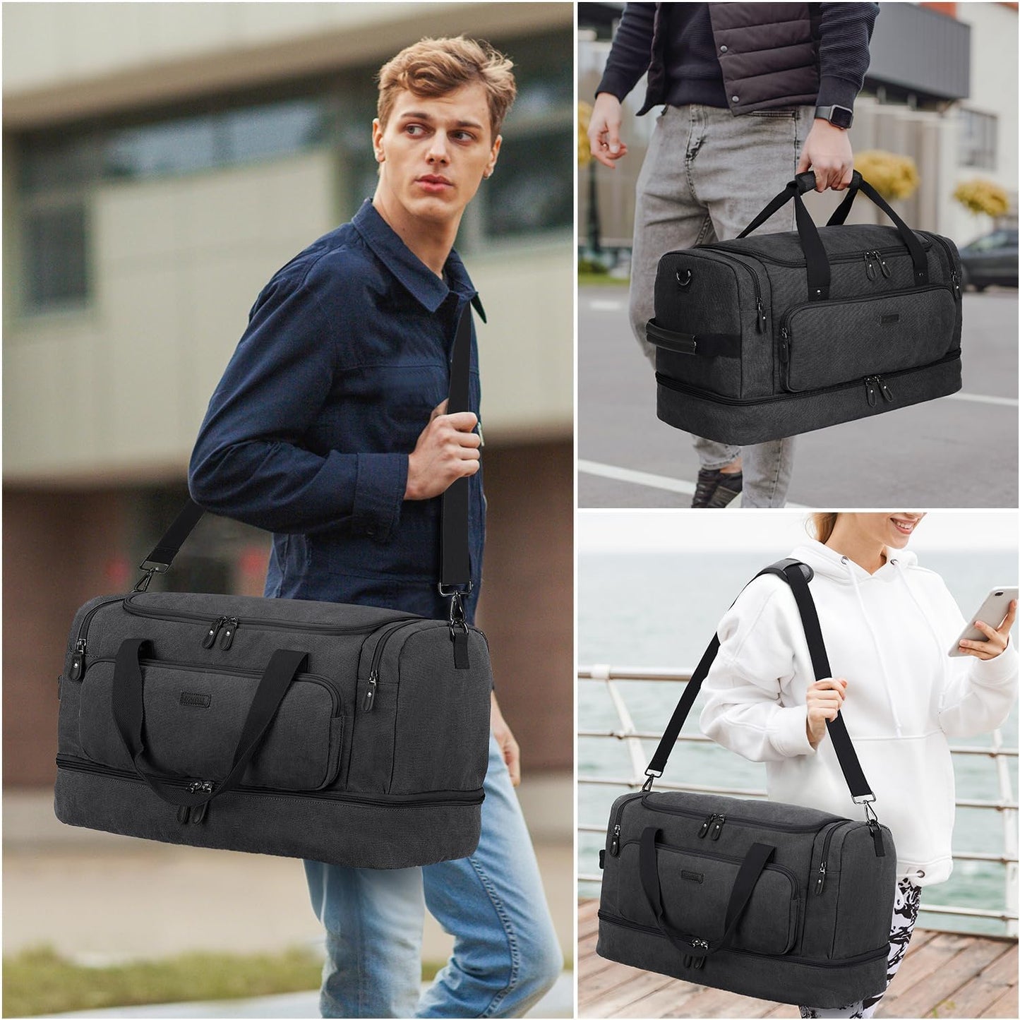 ZOMFELT Duffle Bag for travel, 40L Canvas Travel Duffel Bags for Men Women, Water Resistant Overnight Weekender Bag with Toiletry Bag & Shoe Compartment, Carry on Luggage Bag for Travel, Gym, Black - Roamly