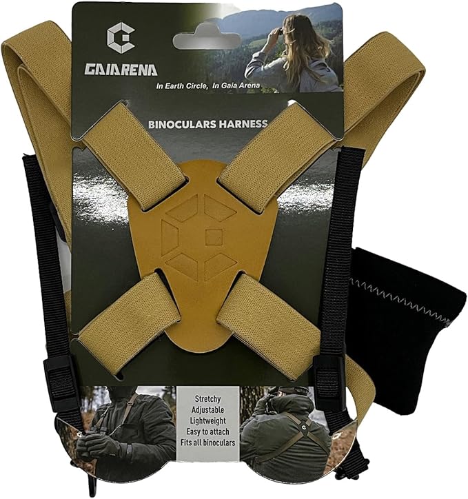 GAIARENA Binocular Harness - Adjustable Cross Bino Strap for Hunting Hiking Birding with Lens Cleaning Cloth - Tan