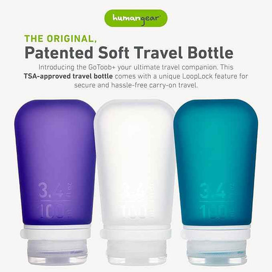 humangear GoToob+ 3-Pack (Large) | Refillable Silicone Travel Bottle | Locking Lid | Food-Safe Material, Clear/Purple/Teal, Large (3.4 fl.oz.; 100ml)