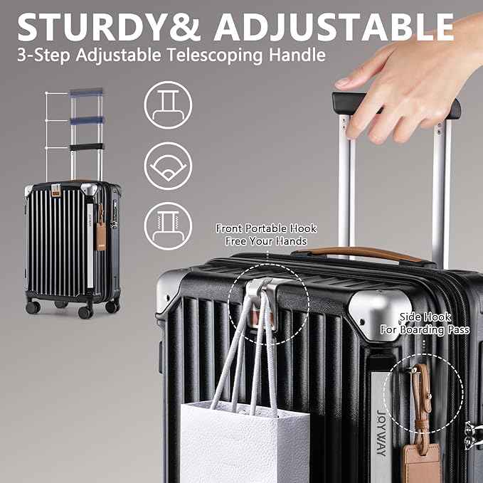 Joyway 20in Carry On Luggage with Cup Holder and USB Port, 25% Expandable Capacity, Smart Suitcase with Anti Slip Wheels and Backpack, Perfect for Men and Women 3 Piece Set Black