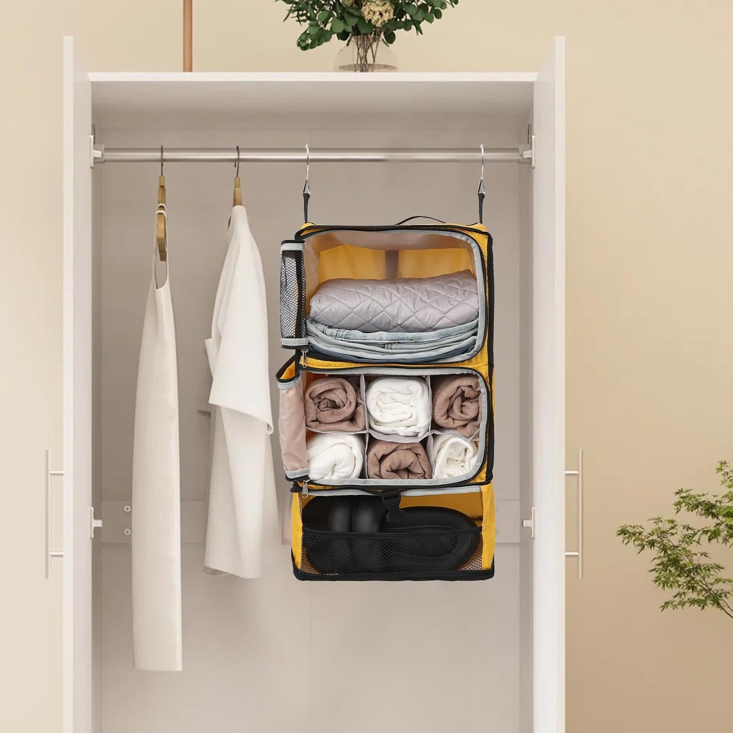 TABITORA Travel Portable Hanging Shelves Closet Organizer Packing Luggage Storage with Multifunctional and Foldable Invisible Compartment,Lightweight, for Suitcase, RV,Closet…Yellow,XL