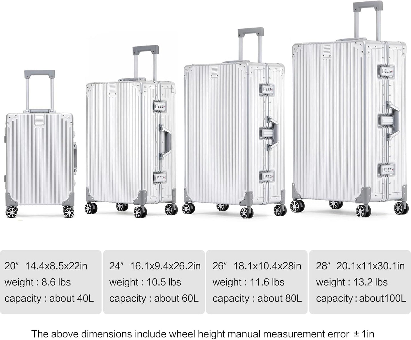 Metal All Aluminum Carry-on Luggage TSA Customs Lock Zipperless Silent Rotary Wheel Business Suitcase Aluminum Frame Set (black, 20 '')