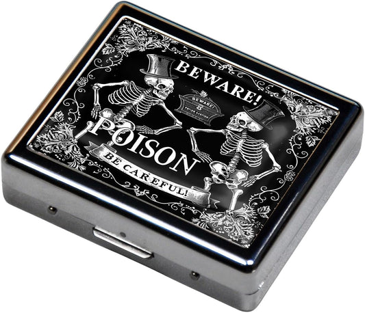 Cute and Portable Metal Pill Organizer – 8 Compartments, Elegant Chrome Finish, Ideal for Travel and Daily Use (Beware Poison Skeletons)