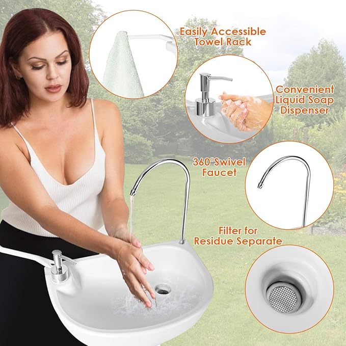 Giantex Portable Camping Sink with Soap Dispenser and Towel Holder, 19L Water Capacity with Rolling Wheels and Foot Pump for Outdoor Events, Gatherings, Camping, Portable Hand Wash Basin Stand