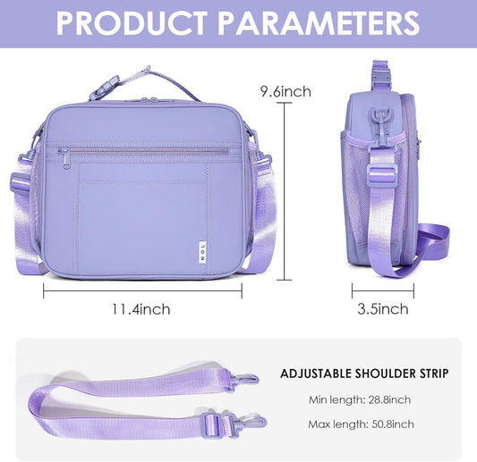 NOL Kids Lunch Bag -Kids 3+ Reusable Insulated Lunch Box with Zipper Closure Buckle Handle Adjustable Long Shoulder Strap, Easy-Clean Waterproof Fabric, Children Lunch Tote Bag for School-Light purple