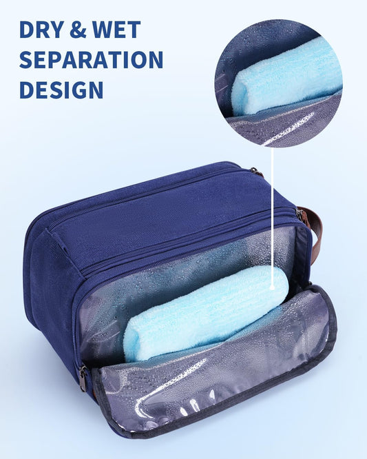 WANDF Toiletry Bag for Men Travel Toiletry Organizer Canvas and Leather Dopp Kit Water-Resistant Shaving Bag for Travel Accessories (Blue, Large) - Roamly
