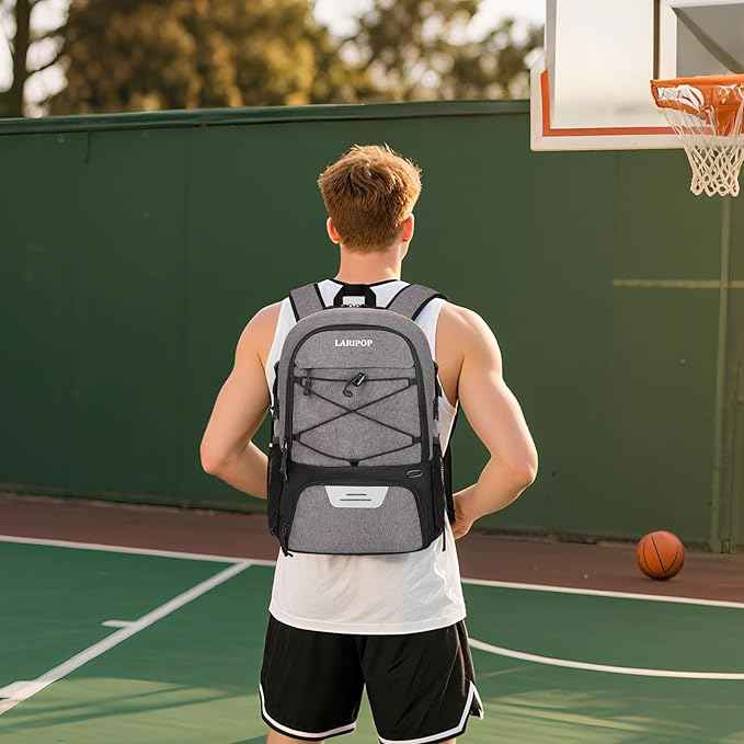 LARIPOP Basketball Bag, Sports Backpack with Ball Holder & Shoe Compartment, Water Resistant Gym Bag for Soccer Volleyball Travel