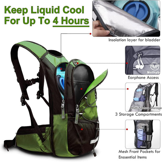 Insulated Hydration Backpack Pack with 3L BPA Free Leak Proof Water Bladder, Large Storage Lightweight Hiking Daypack with Waist Pouches & Cooler Layer, for Running, Biking, Camping, Festival - Roamly