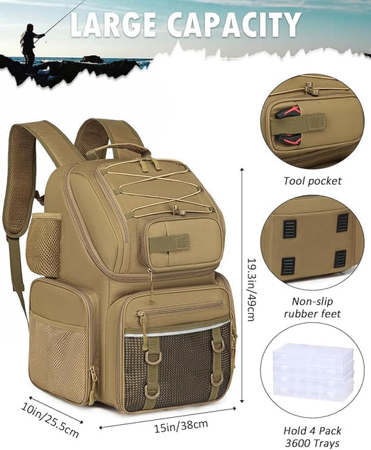 HAMBOLY Fishing Backpack with Tackle Boxes, 50L Fishing Tackle Bag with Cooler & Rod Holders, Waterproof Tackle Bag for Men
