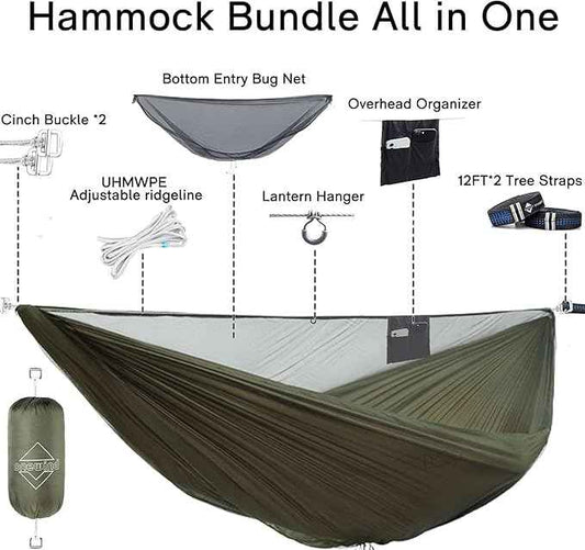 OneWind 11ft Portable Camping Hammock with Mosquito Net, Adjustable Ridgeline Double Hammock with 2*12Ft Tree Straps, Coyote Brown