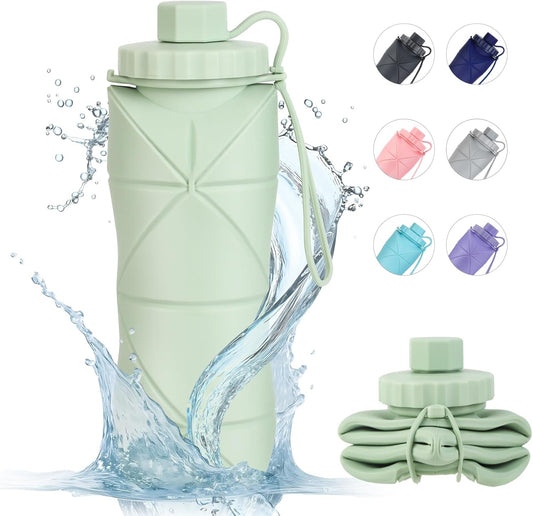YCT Collapsible Silicone Travel Water Bottle 20oz (600ml), Reuseable Leakproof BPA Free Foldable Sports Bottle, with Carrying Strap, Green