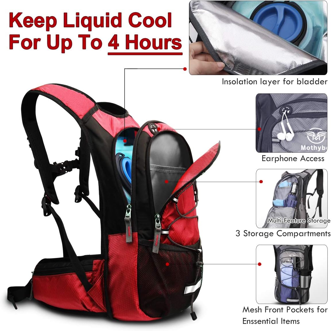 Insulated Hydration Backpack Pack with 3L BPA Free Leak Proof Water Bladder, Large Storage Lightweight Hiking Daypack with Waist Pouches & Cooler Layer, for Running, Biking, Camping, Festival - Roamly