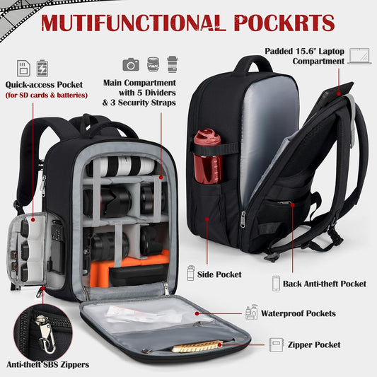 SDYSM Camera Backpack, Hardshell DSLR/SLR Camera Bag with Lens Pouch & 15.6" Laptop Compartment Waterproof Camera Case with Rain Cover Photography Backpack Compatible for Canon/Nikon/Sony/Drone Black