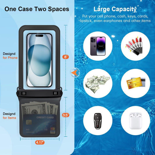 Double Space Waterproof Phone Pouch, 2 Pack Waterproof Phone Case with Lanyard for iPhone 16 15 14 Pro Max up to 8.5’’, Cellphone Dry Bag for Beach Vacation Travel Cruise Essentials