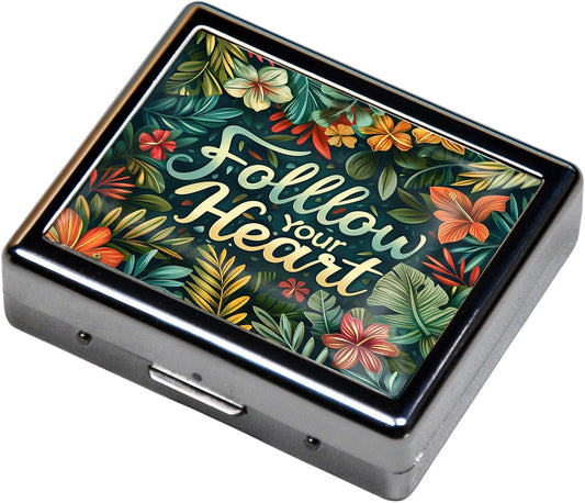 Cute and Portable Metal Pill Organizer – 8 Compartments, Elegant Chrome Finish, Ideal for Travel and Daily Use (Follow Your Heart Floral)