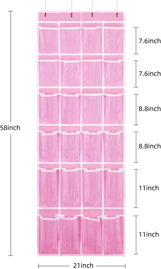 Hanging Shoe Organizer, Over The Door Shoe Organizer with 24 Breathable Mesh Pockets for Men Women Kids Hanging Shoe Storage Rack Organizer Size:58x21 Inch(Pink)