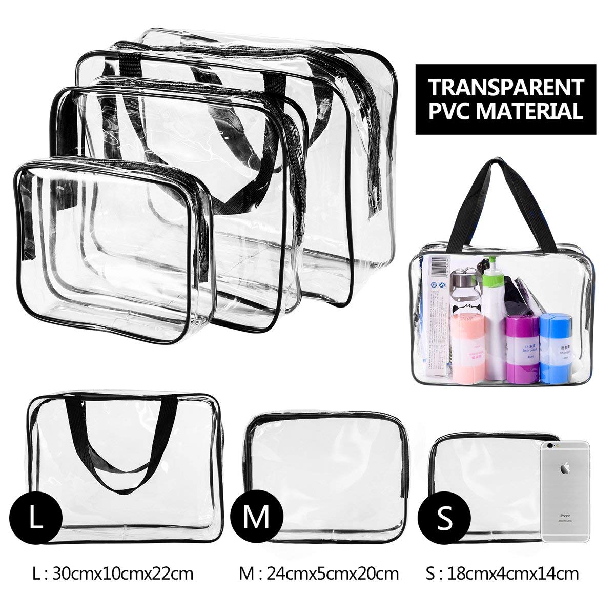 5Pcs Crystal Clear PVC Travel Toiletry Bag Kit for Women Men, Waterproof Vinyl Packing Organizer Storage Bags with Zipper Handle Straps, Cosmetic Pouch Carry on Airport Airline Compliant Bag Handbag - Roamly