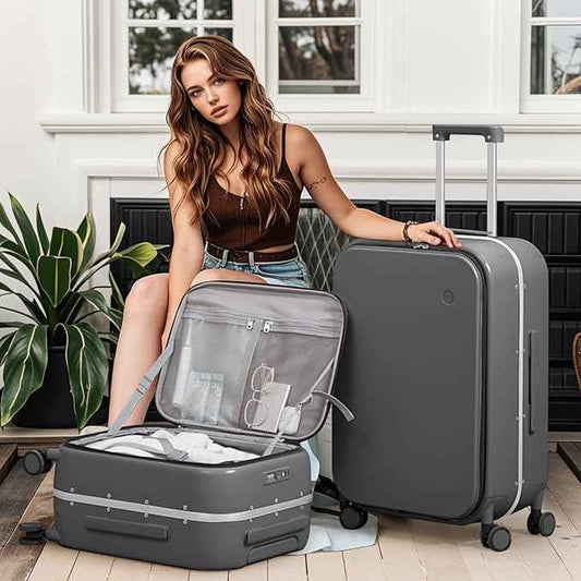 mixi 24 Inch Checked Luggage PC Hard Shell Suitcase Top Opening Aluminum Frame Travel Suitcases with Wheels, Rock Gray
