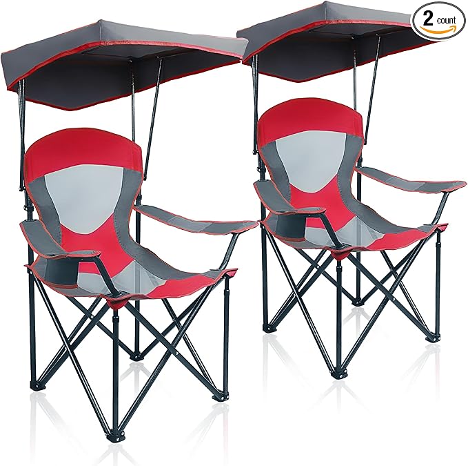 ALPHA CAMP Heavy Duty Canopy Camping Chair, 350 lbs Capacity Oversized Folding Chair with Adjustable Sunshade, Portable Sunshade Chair with Cup Holder for Beach, Fishing, Outdoor